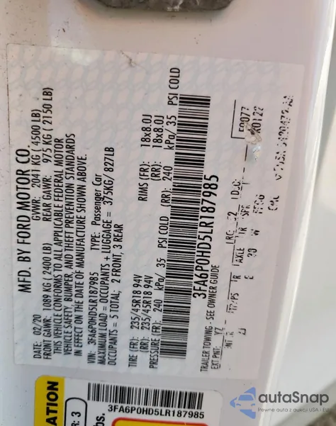 2020 Ford Fusion Se из США, поврежденный, VIN 3FA6P0HD5LR187985